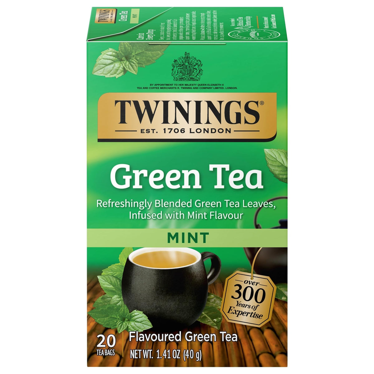 Twinings mint green tea box with 20 bags for easy storage.
