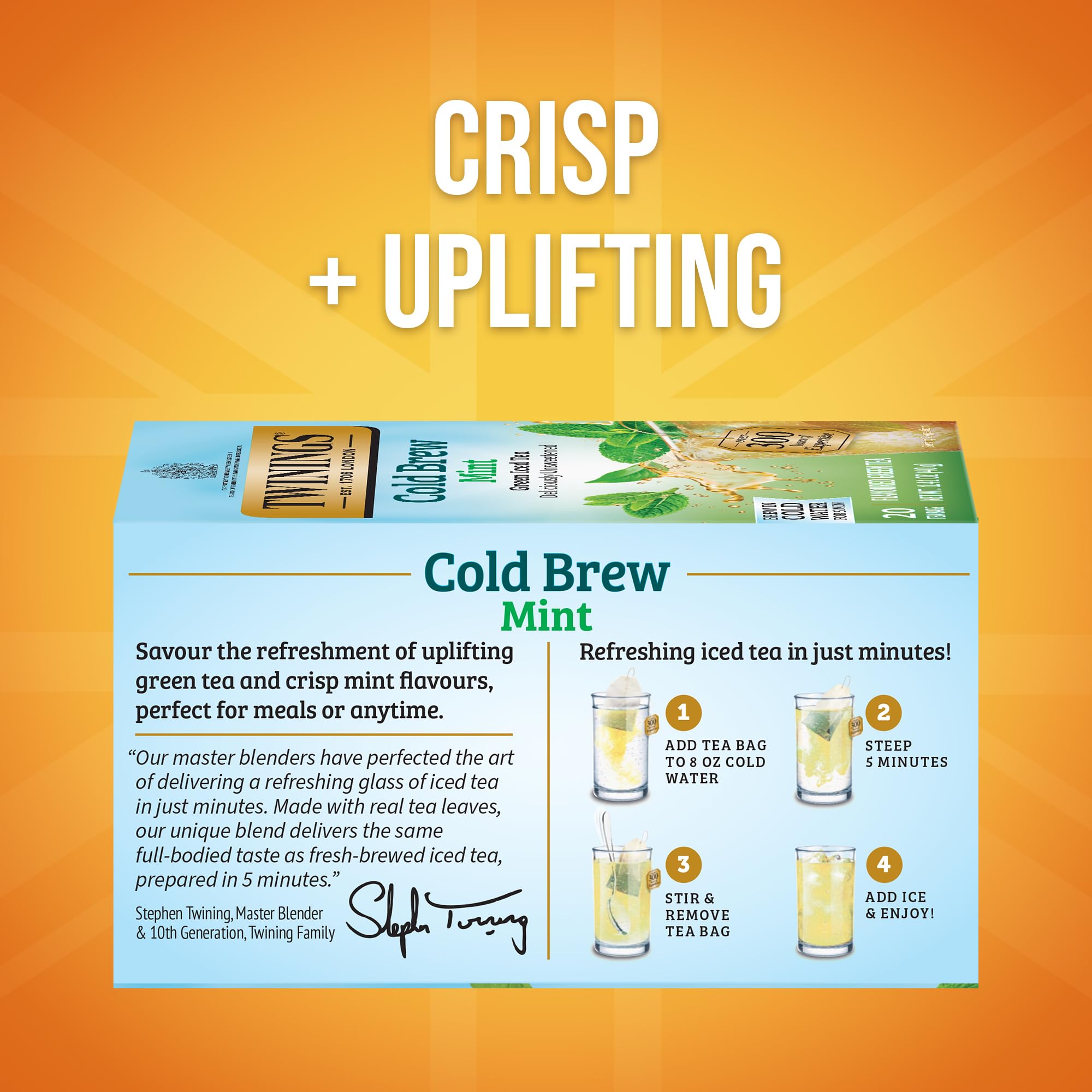 Twinings Green Tea with Mint and caffeine, perfect for an afternoon pick-me-up.