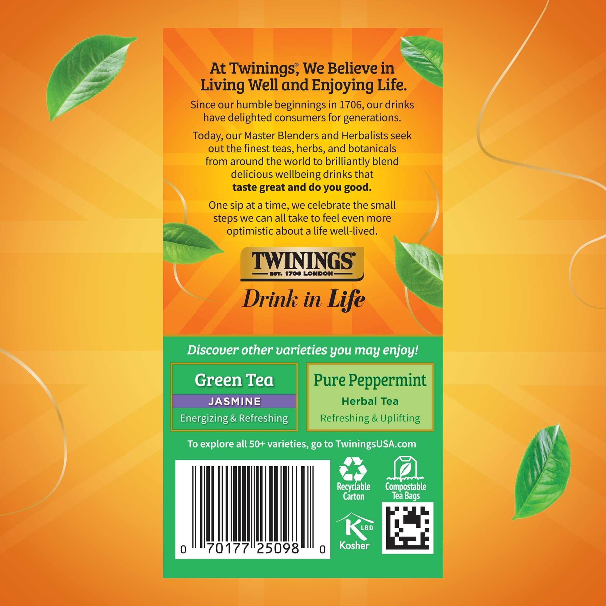 A mug of Twinings mint green tea with inviting aroma and smooth taste.