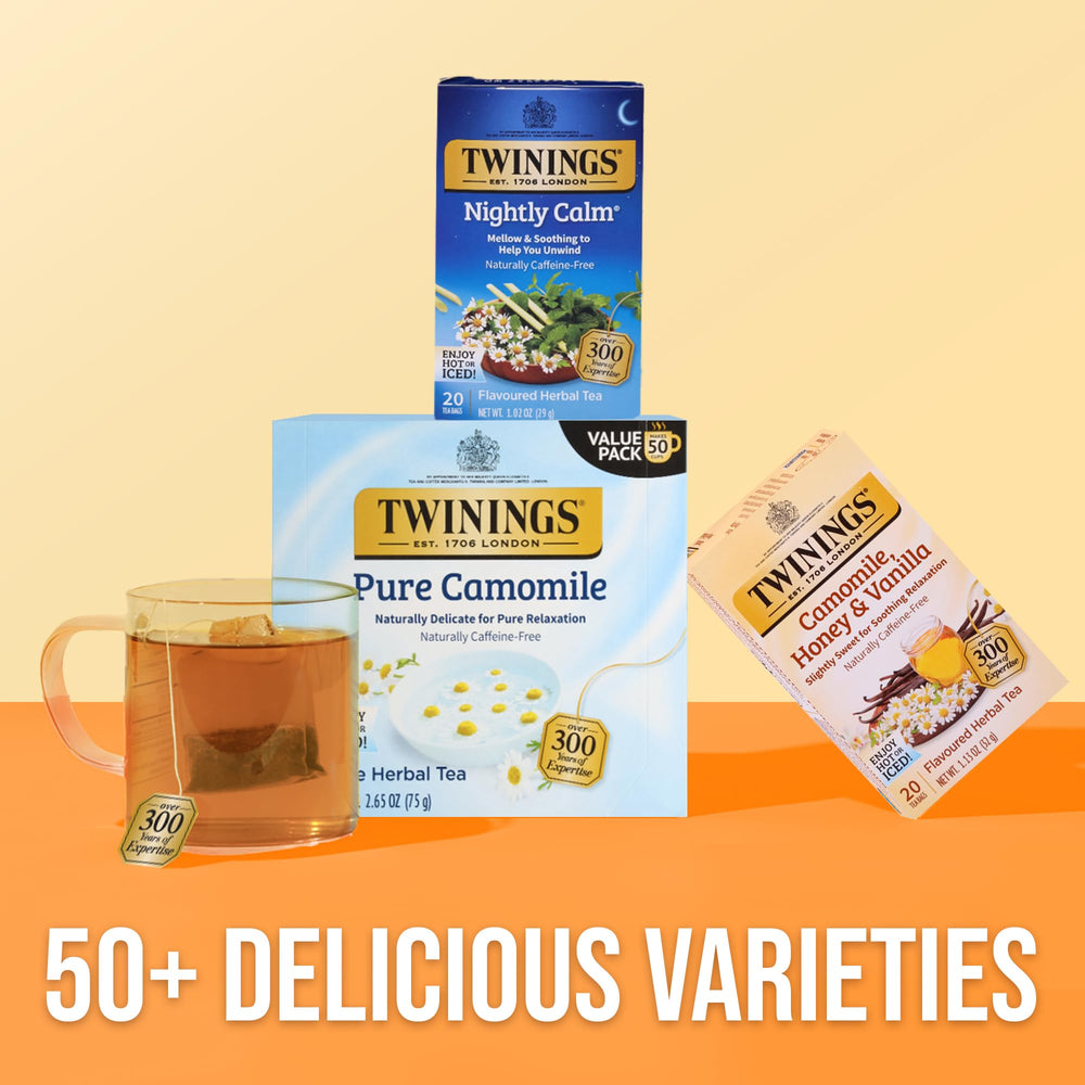 Twinings Nightly Calm box close-up showing individual wrappers for freshness.