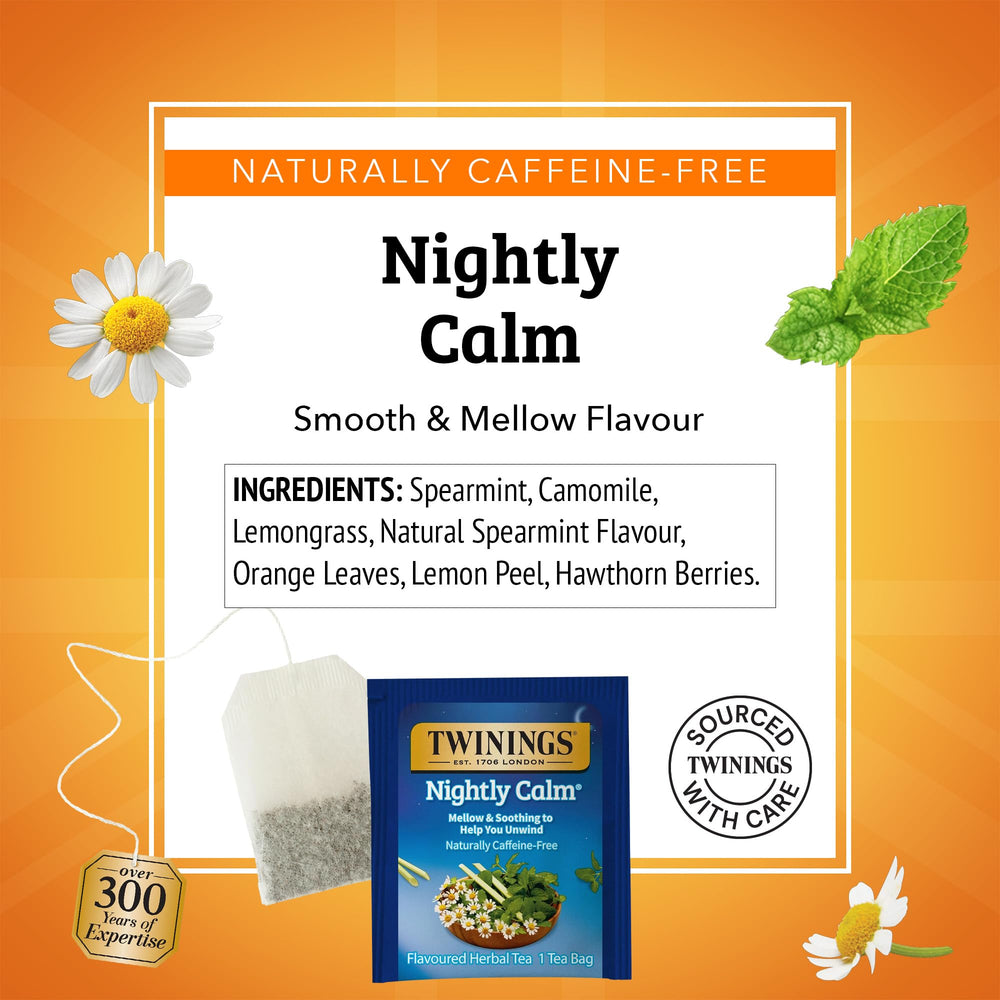 Twinings Nightly Calm brewed cup with steam, suggesting a warm, relaxing moment.