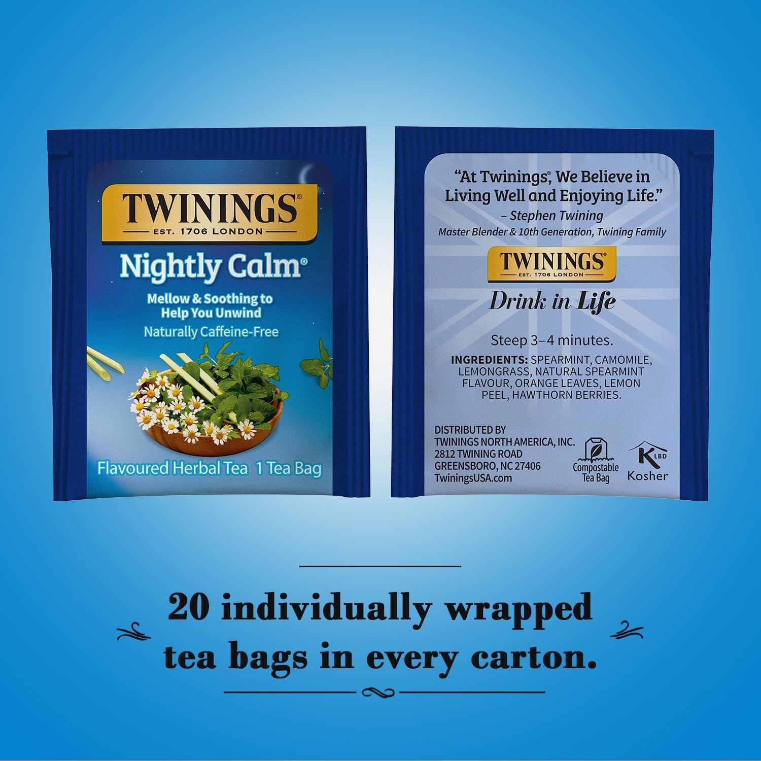 A cup of Twinings Nightly Calm steeped for a soothing evening.