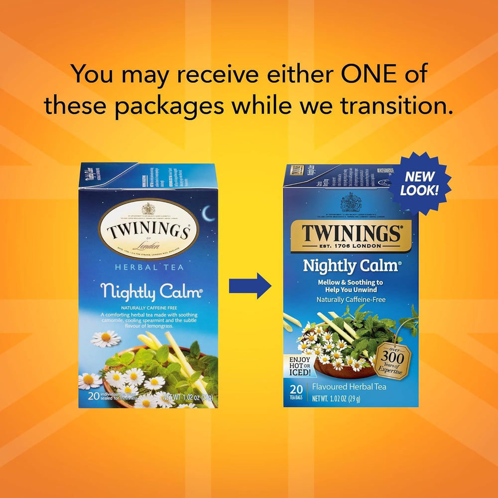 Twinings Nightly Calm packaging front showing the herbal blend.