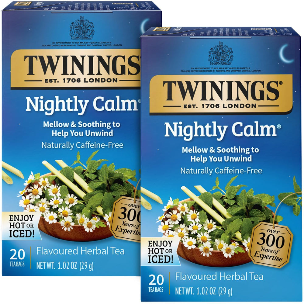 Twinings Nightly Calm tea bags 2-pack on shelf for bedtime routine.