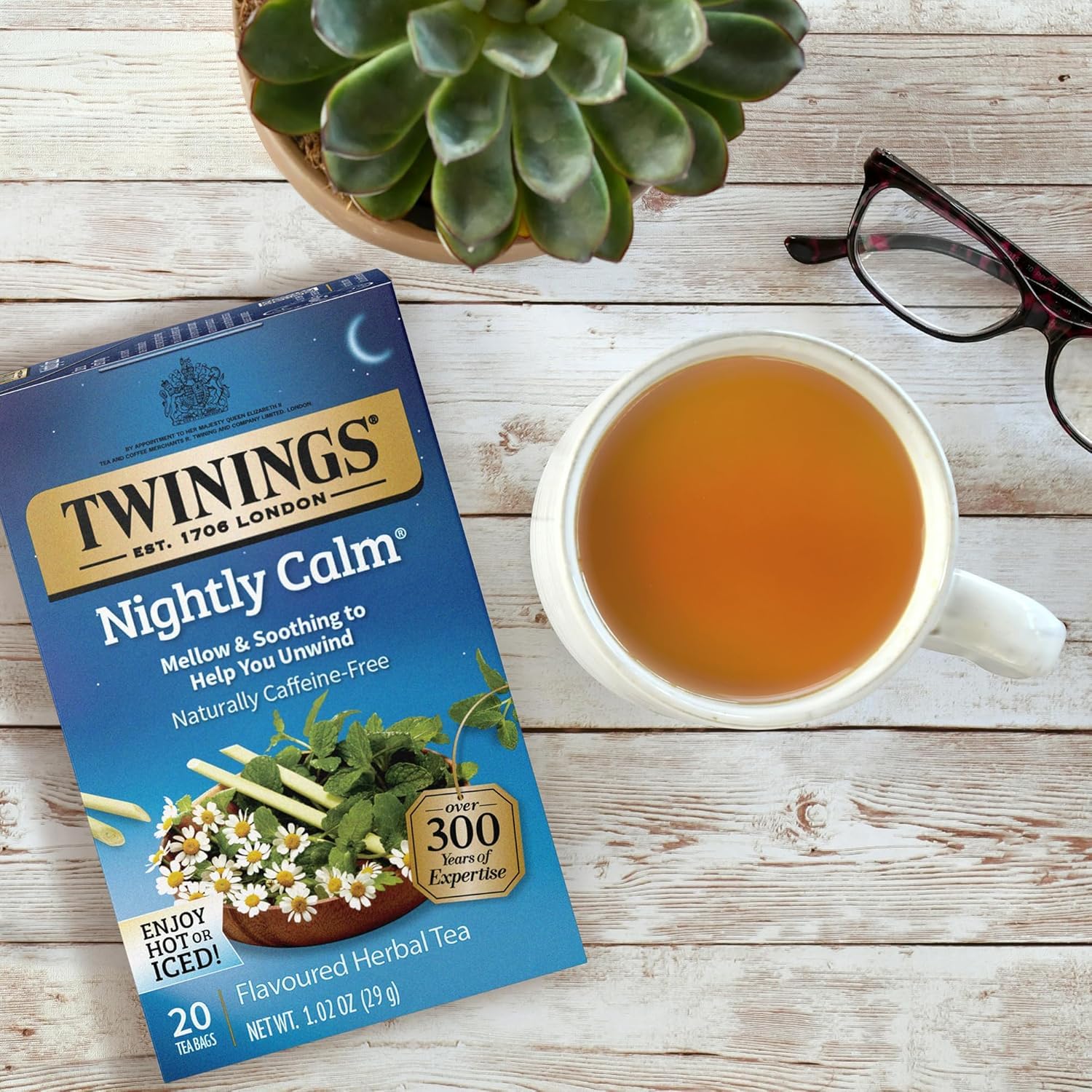 Twinings Nightly Calm tea bags on display highlighting bedtime option.