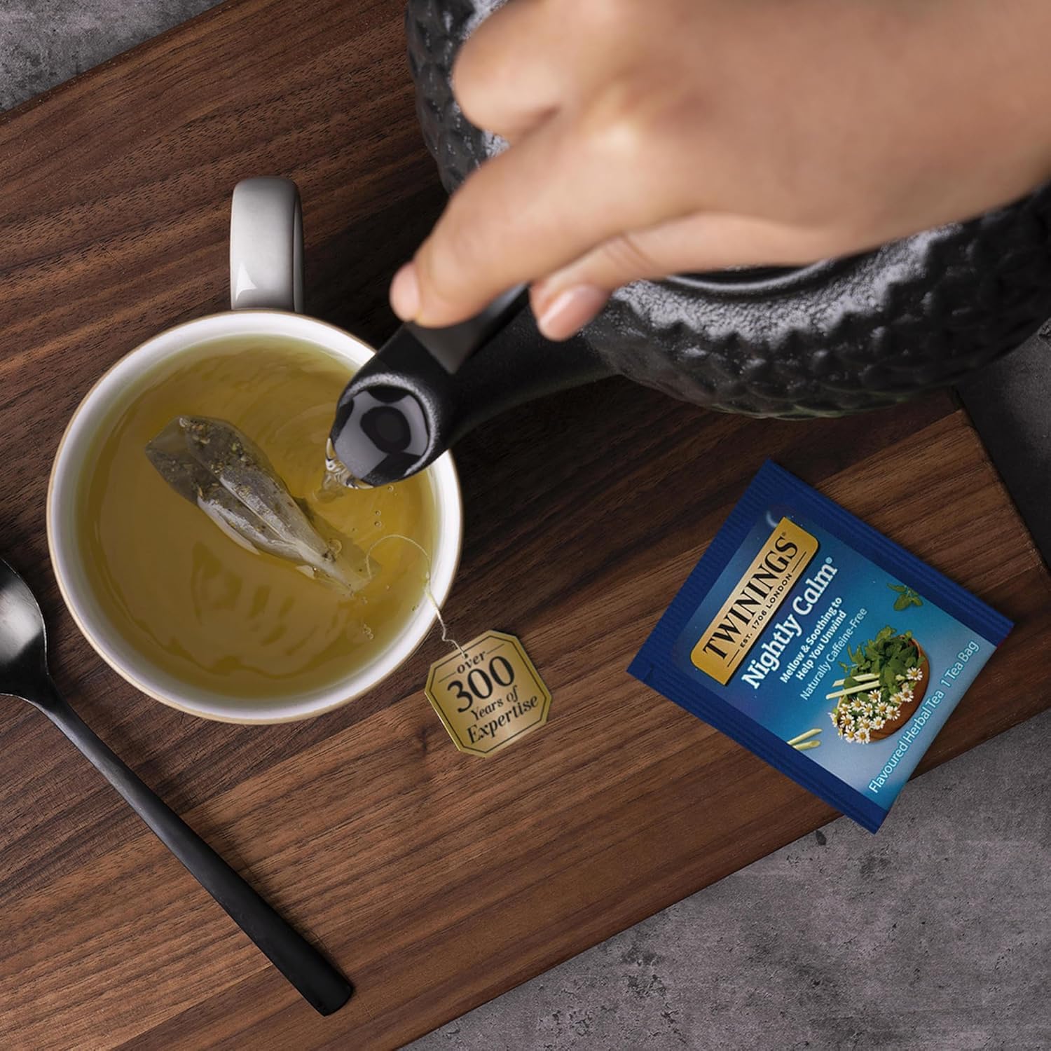 Twinings Nightly Calm labeled box with herbal blend details.