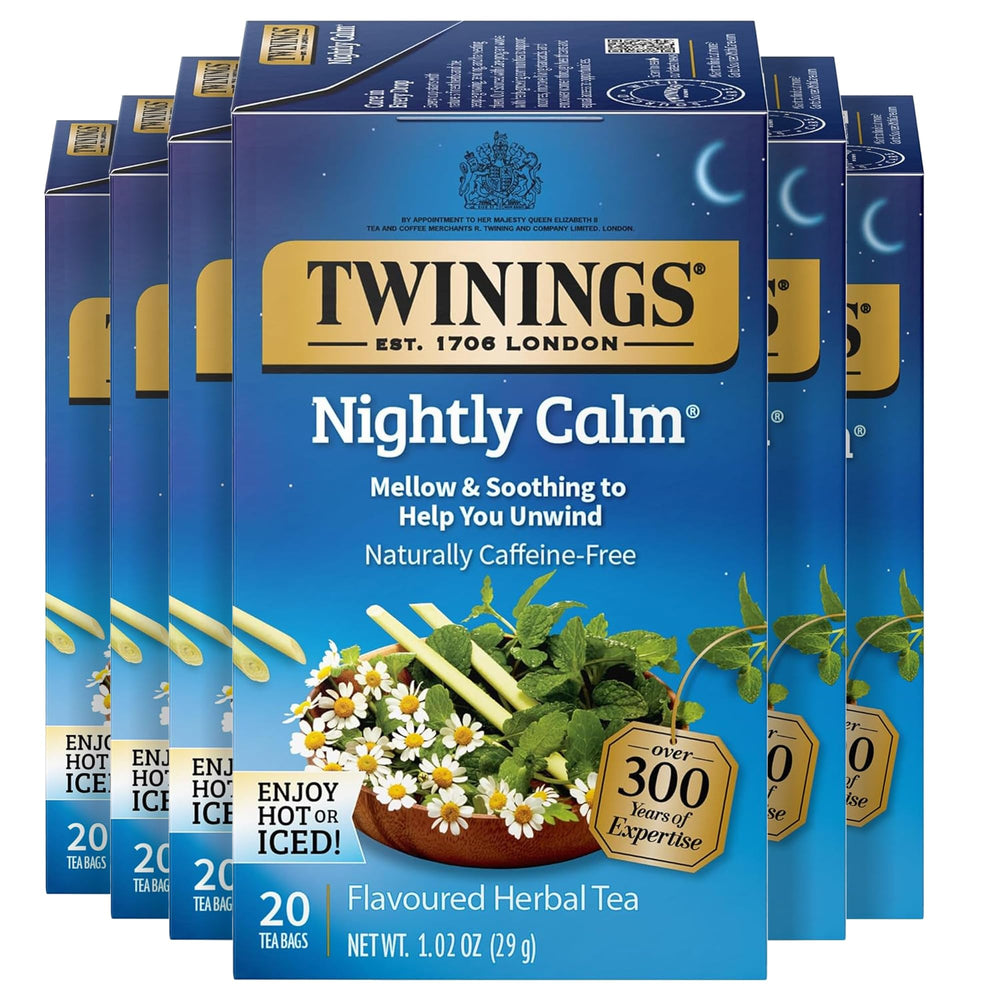 Twinings Nightly Calm tea bags in a six-pack, caffeine-free relaxation for evenings.