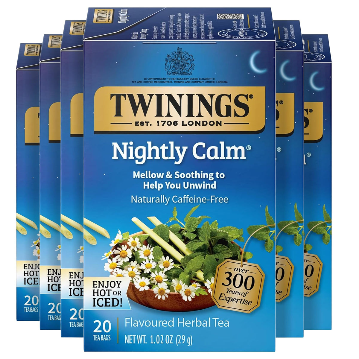 Twinings Nightly Calm tea bags in a six-pack, caffeine-free relaxation for evenings.