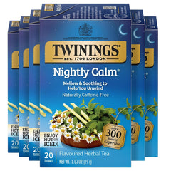 Twinings Nightly Calm tea bags in a six-pack, caffeine-free relaxation for evenings.