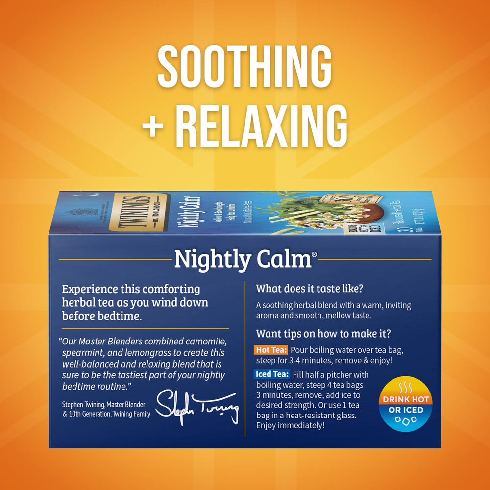 Twinings Nightly Calm tea bags ready to brew a soothing cup any time.
