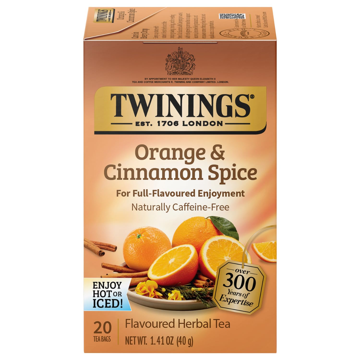 Twinings Orange Cinnamon Spice tea bags ready for a caffeine-free moment
