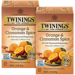 Twinings Orange & Cinnamon Spice Tea box front highlighting caffeine-free comfort.