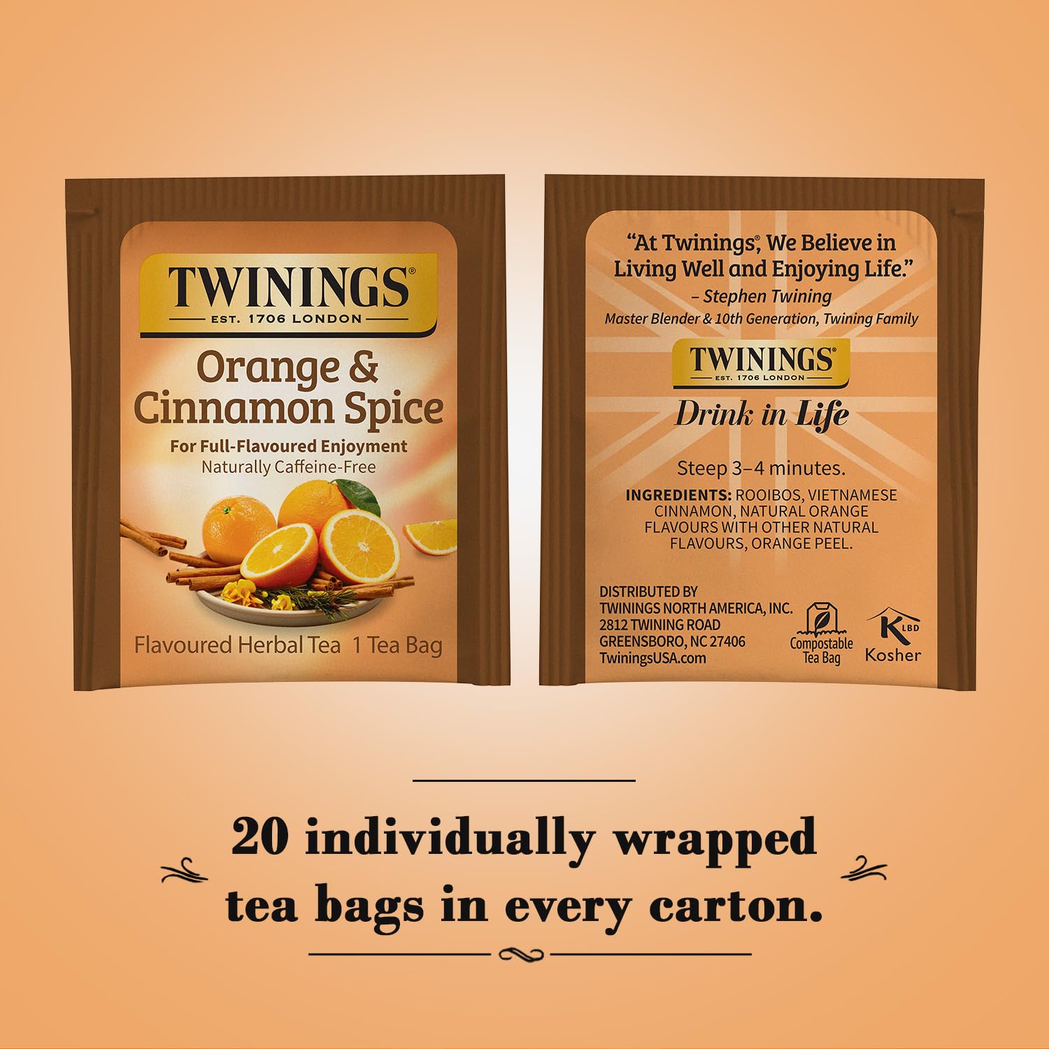 Twinings Orange Cinnamon Spice packaging highlights the herbal blend