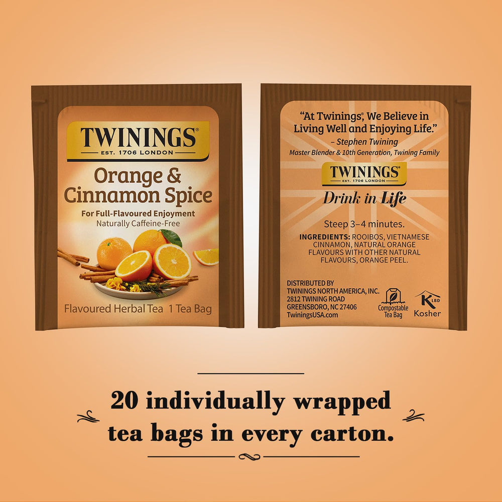 Twinings Orange Cinnamon Spice packaging highlights the herbal blend
