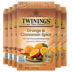 Twinings packaging for Orange & Cinnamon Spice herbal tea, ideal for cozy evenings