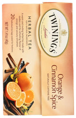 Twinings Orange and Cinnamon Spice Tea sachet close-up shows rooibos and spice for flavorful brews.