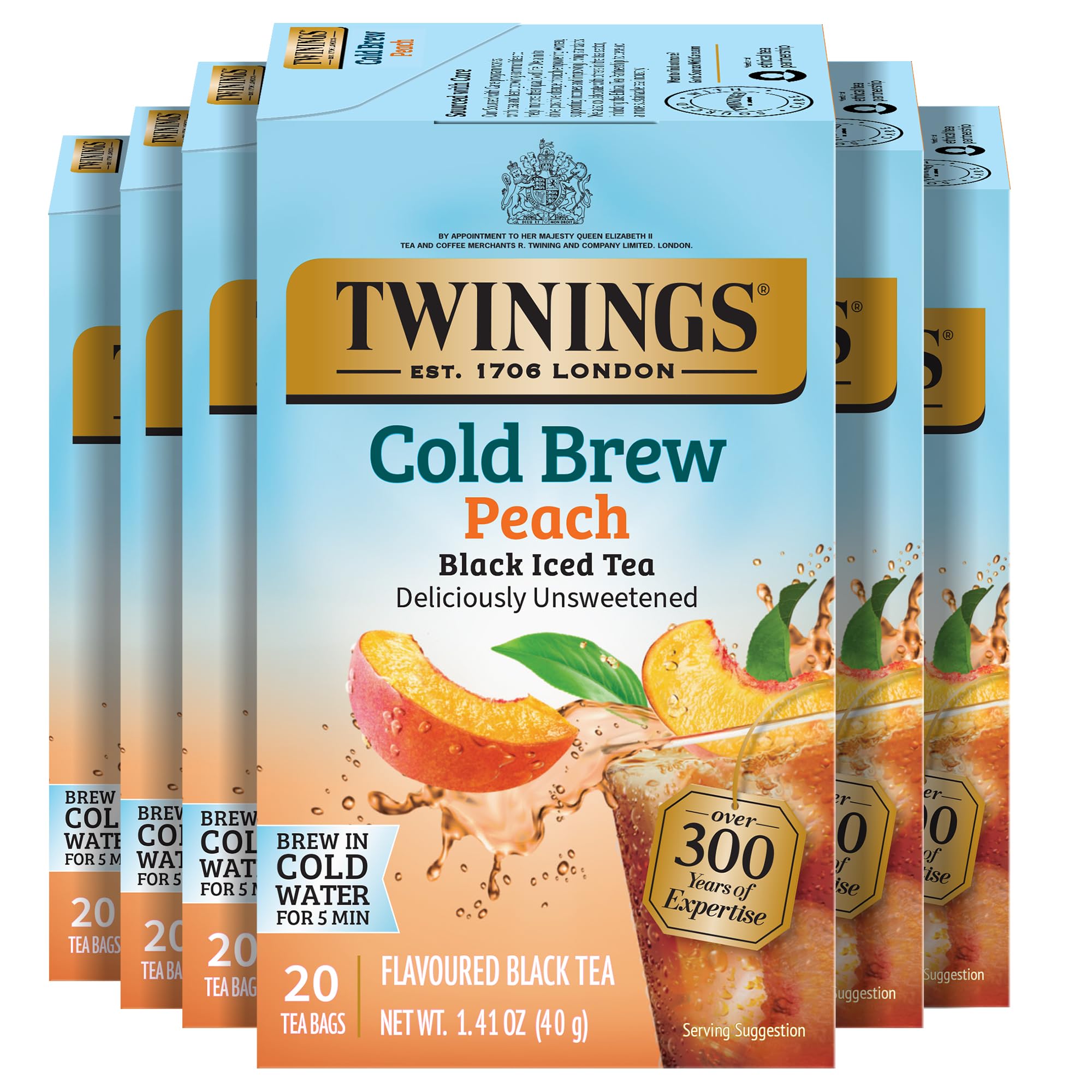 Twinings Peach Cold Brew tea bags in a six-box pack for easy stock-up.