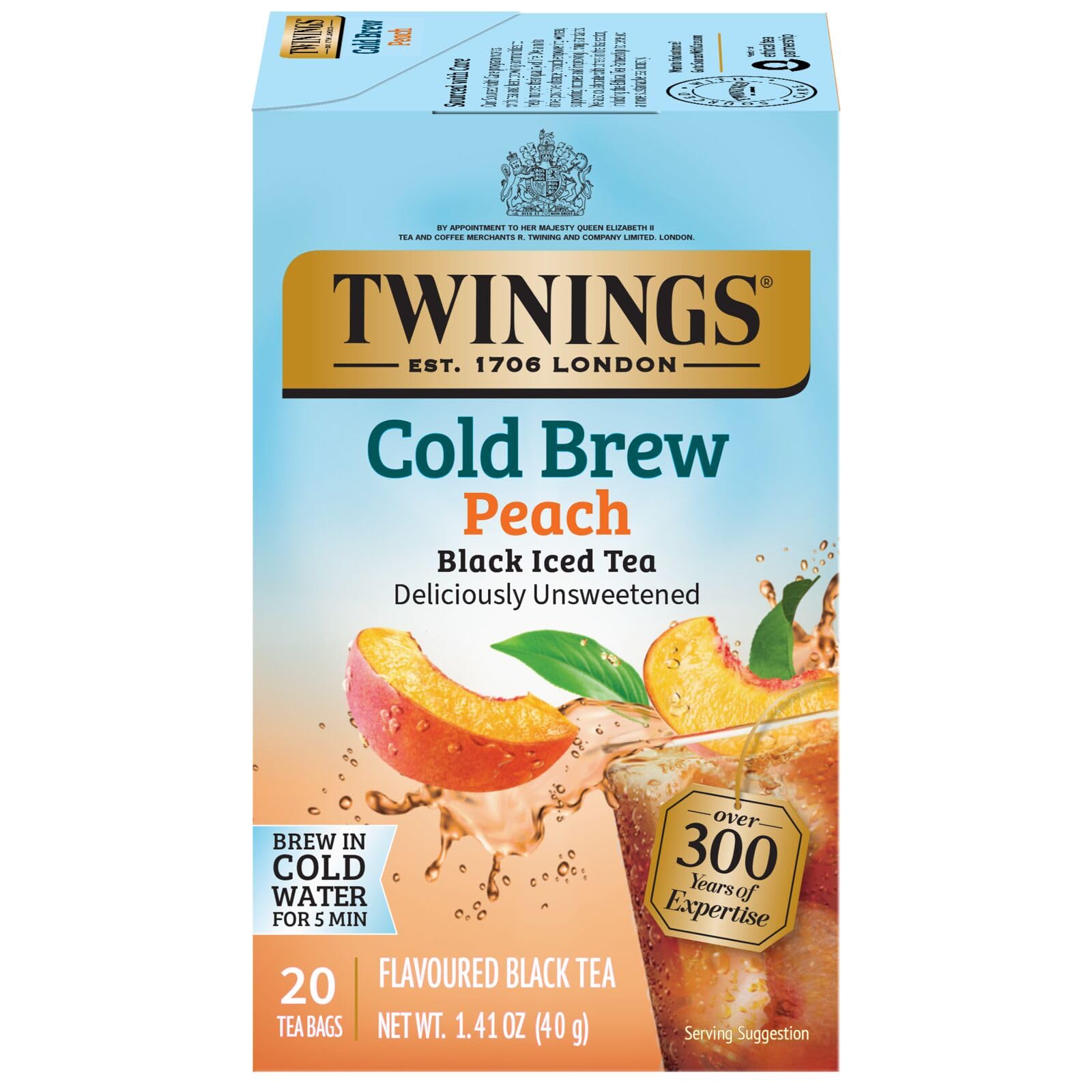 Twinings Peach Cold Brew tea bags box pack shot for refreshing iced tea at home.