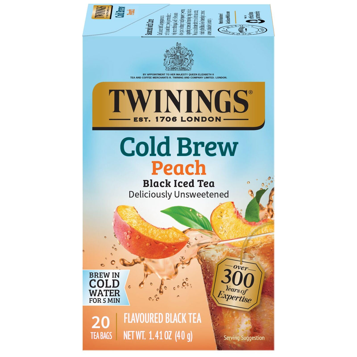Twinings Peach Cold Brew tea bags box pack shot for refreshing iced tea at home.