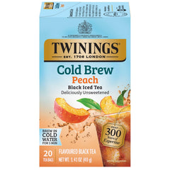 Twinings Peach Cold Brew tea bags box pack shot for refreshing iced tea at home.