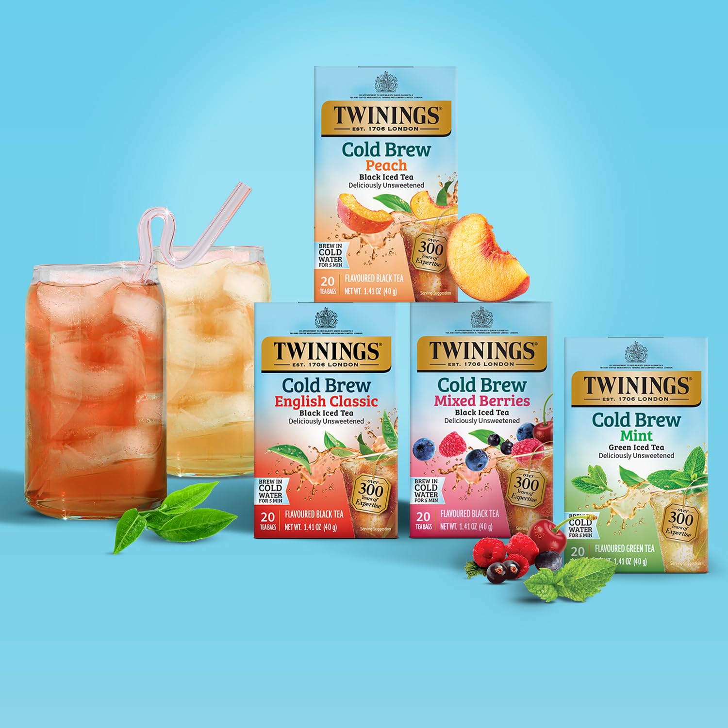 Twinings Peach Cold Brew tea bags ready for cold brew in a pitcher.