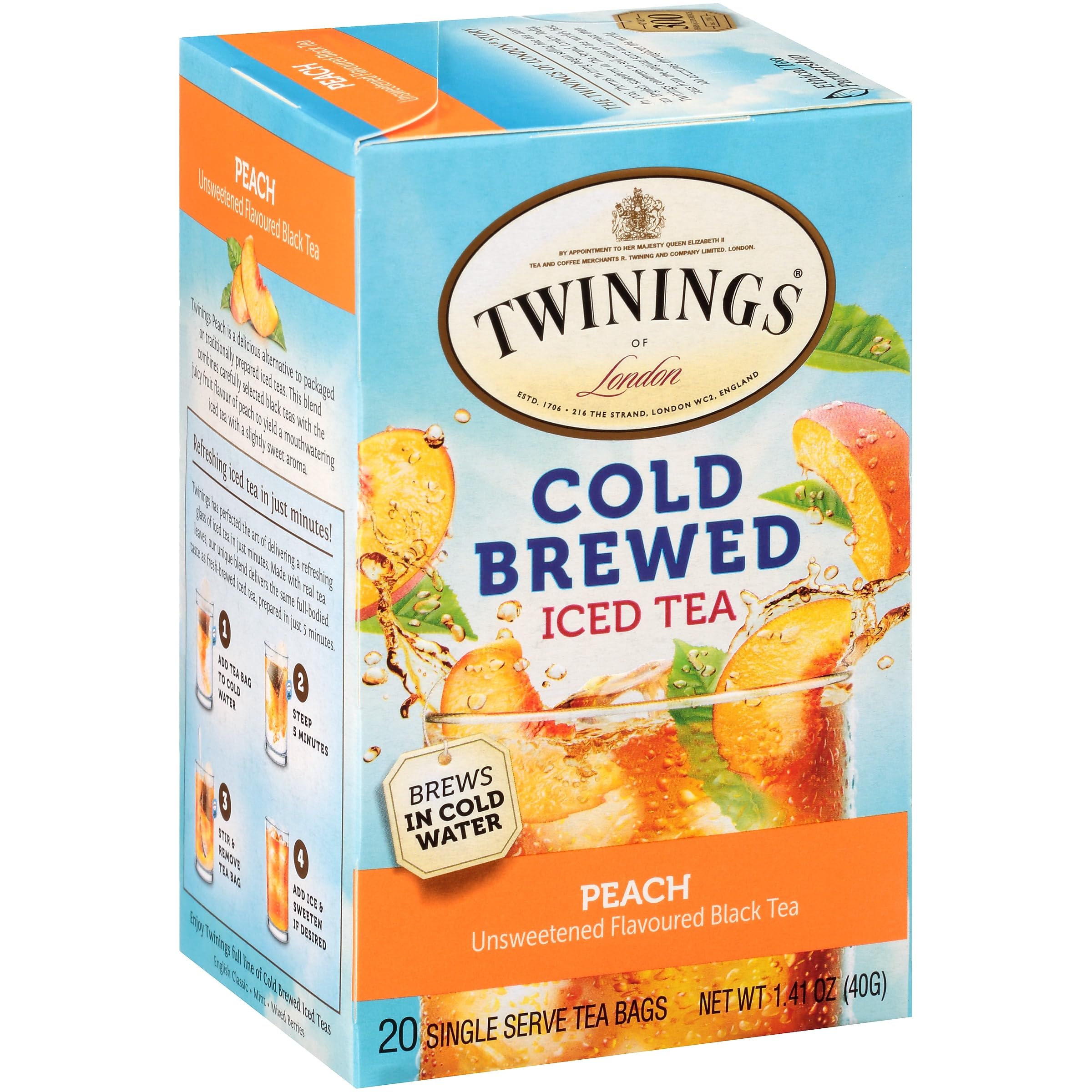 Glass of peach iced tea with slices signaling refreshment.