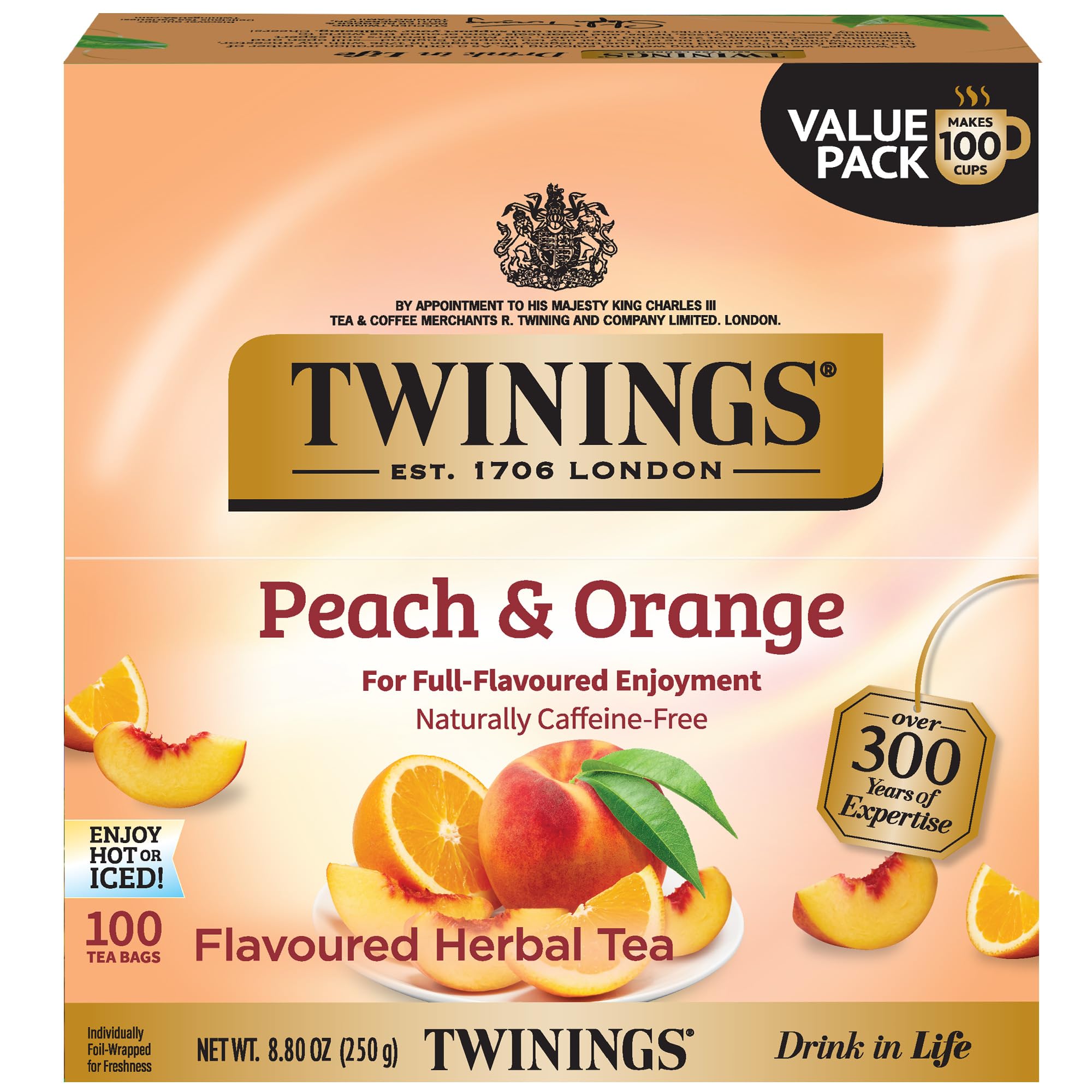 Twinings Peach & Orange herbal tea bags ready to brew for a caffeine-free cup.