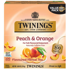 Twinings Peach & Orange herbal tea bags ready to brew for a caffeine-free cup.