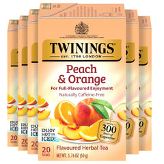 Twinings Peach & Orange herbal tea boxes on display, six-pack convenience.