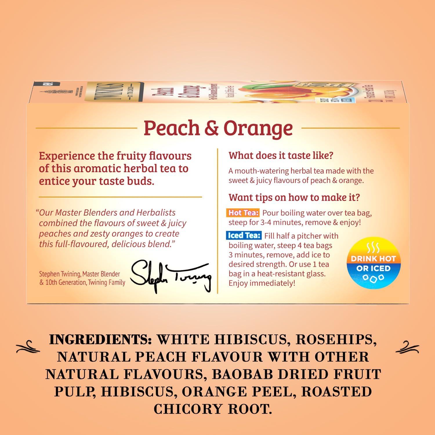 Twinings Peach & Orange ingredients close-up with hibiscus and peach notes