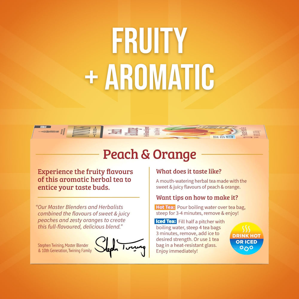Twinings Peach & Orange tea bags individually sealed for maximum freshness.