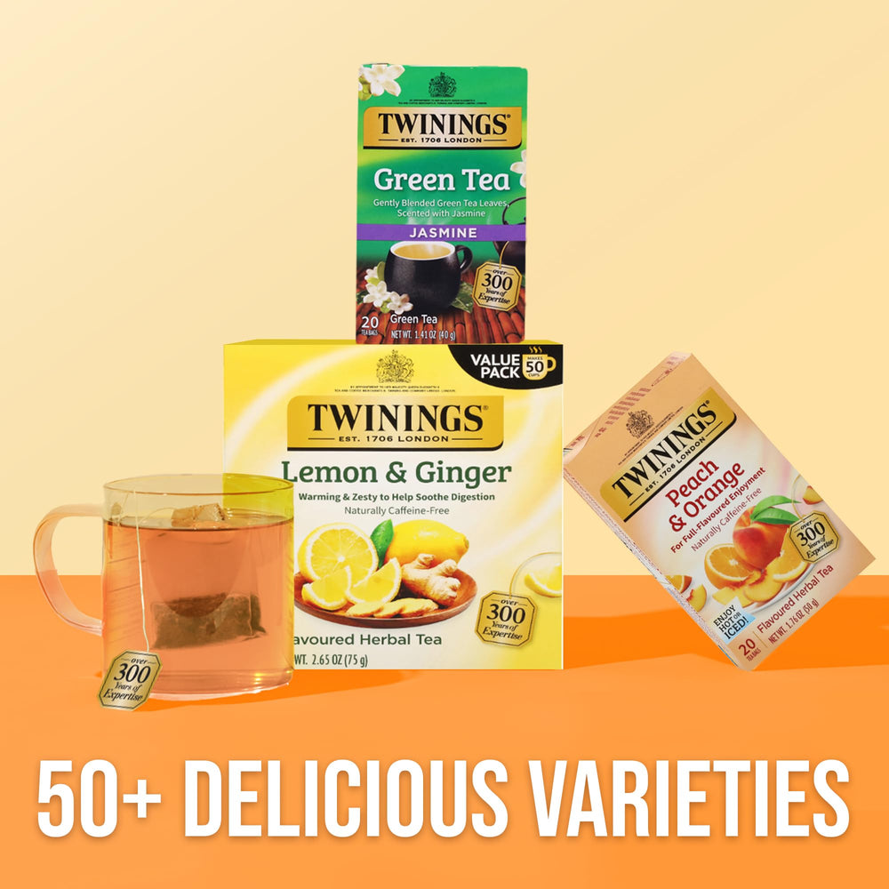 Twinings Peach & Orange packaging on a kitchen shelf for quick brewing.