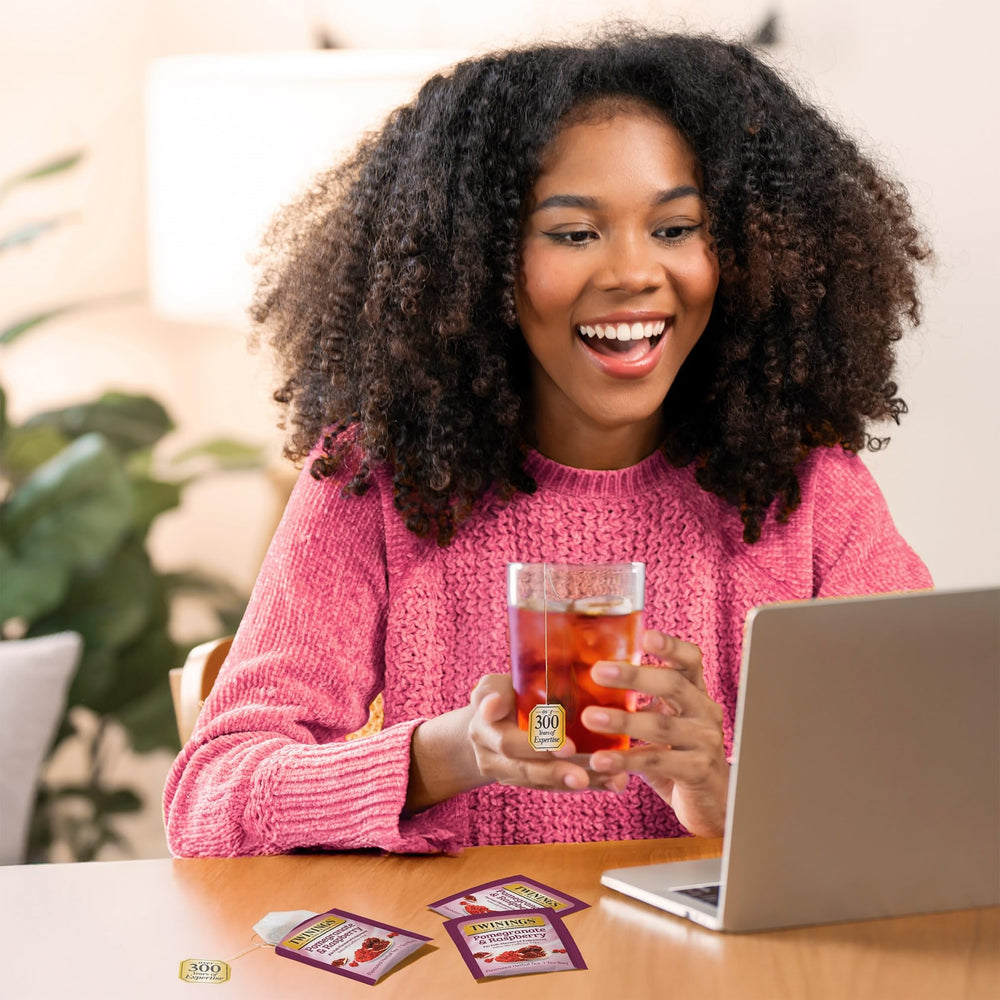 A close-up of Twinings Pomegranate & Raspberry aroma with inviting fruit notes.