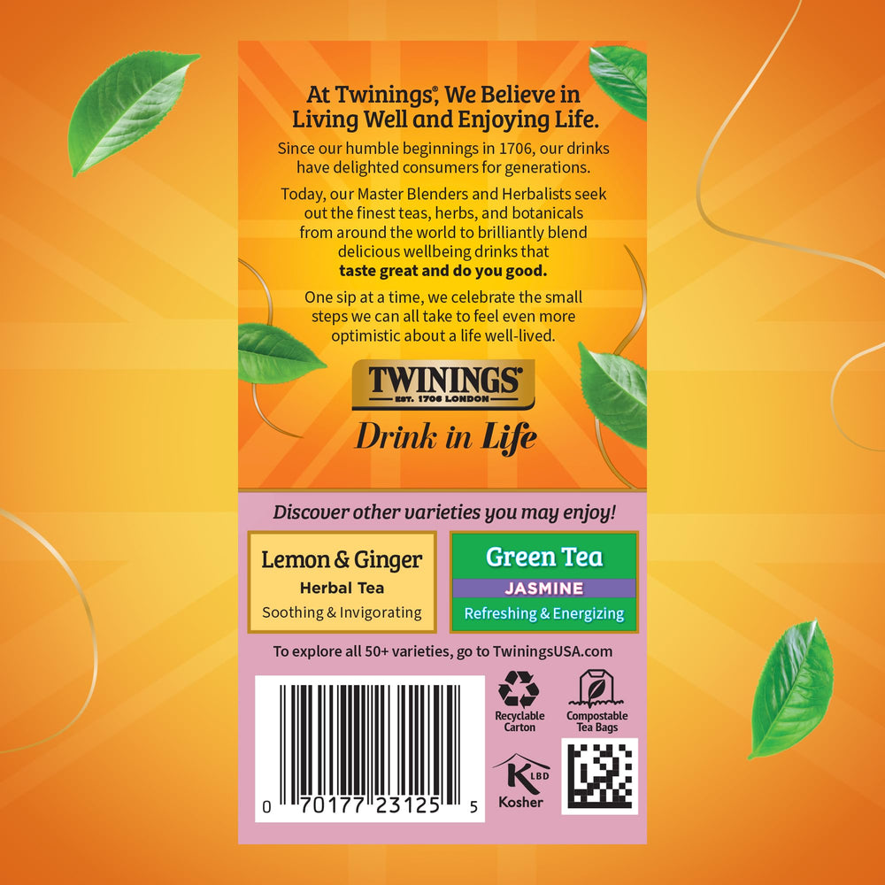 Individually sealed Twinings bags preserve flavor and freshness after opening.