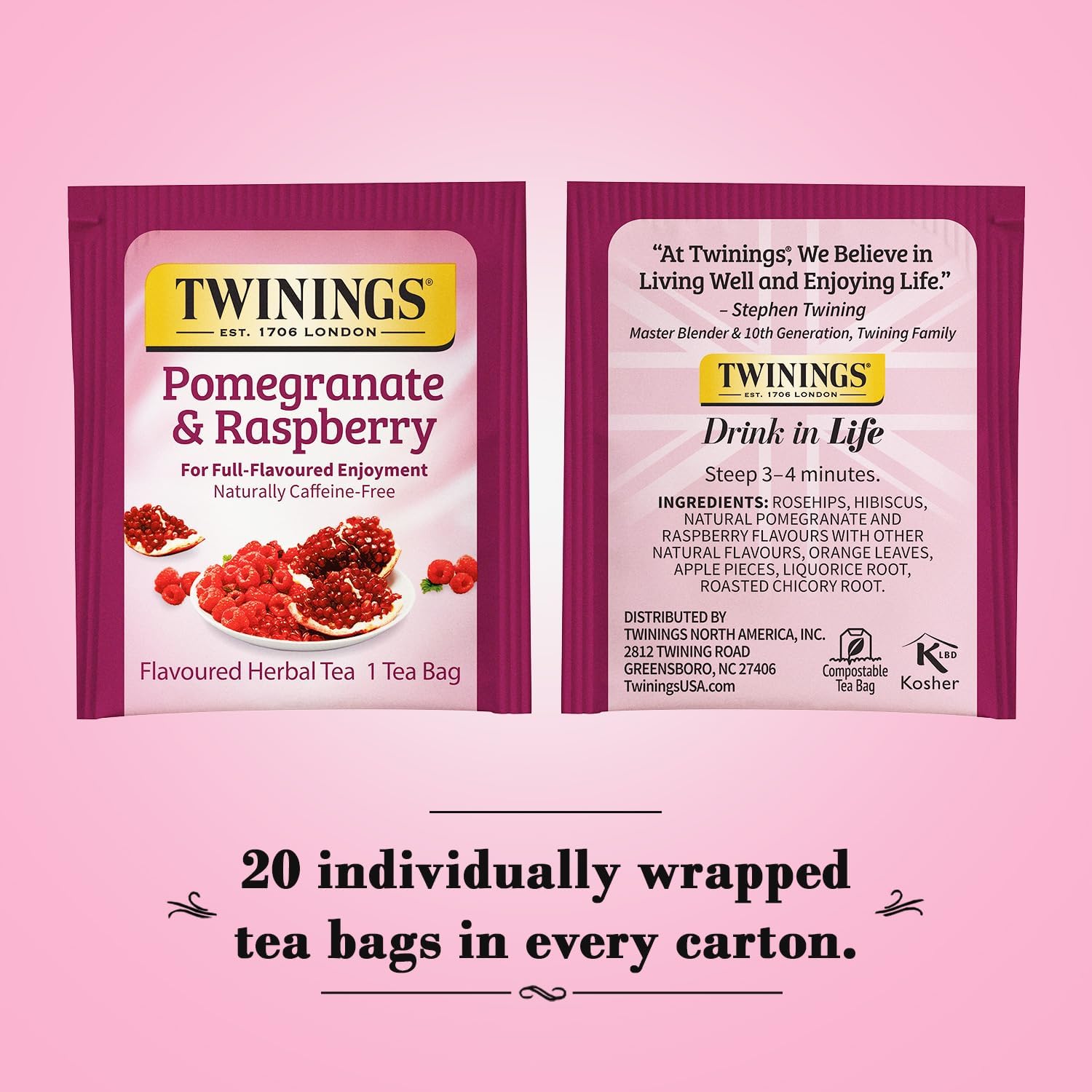 Close-up of Twinings tea bags showing the vibrant pomegranate raspberry blend.