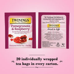 Close-up of Twinings tea bags showing the vibrant pomegranate raspberry blend.