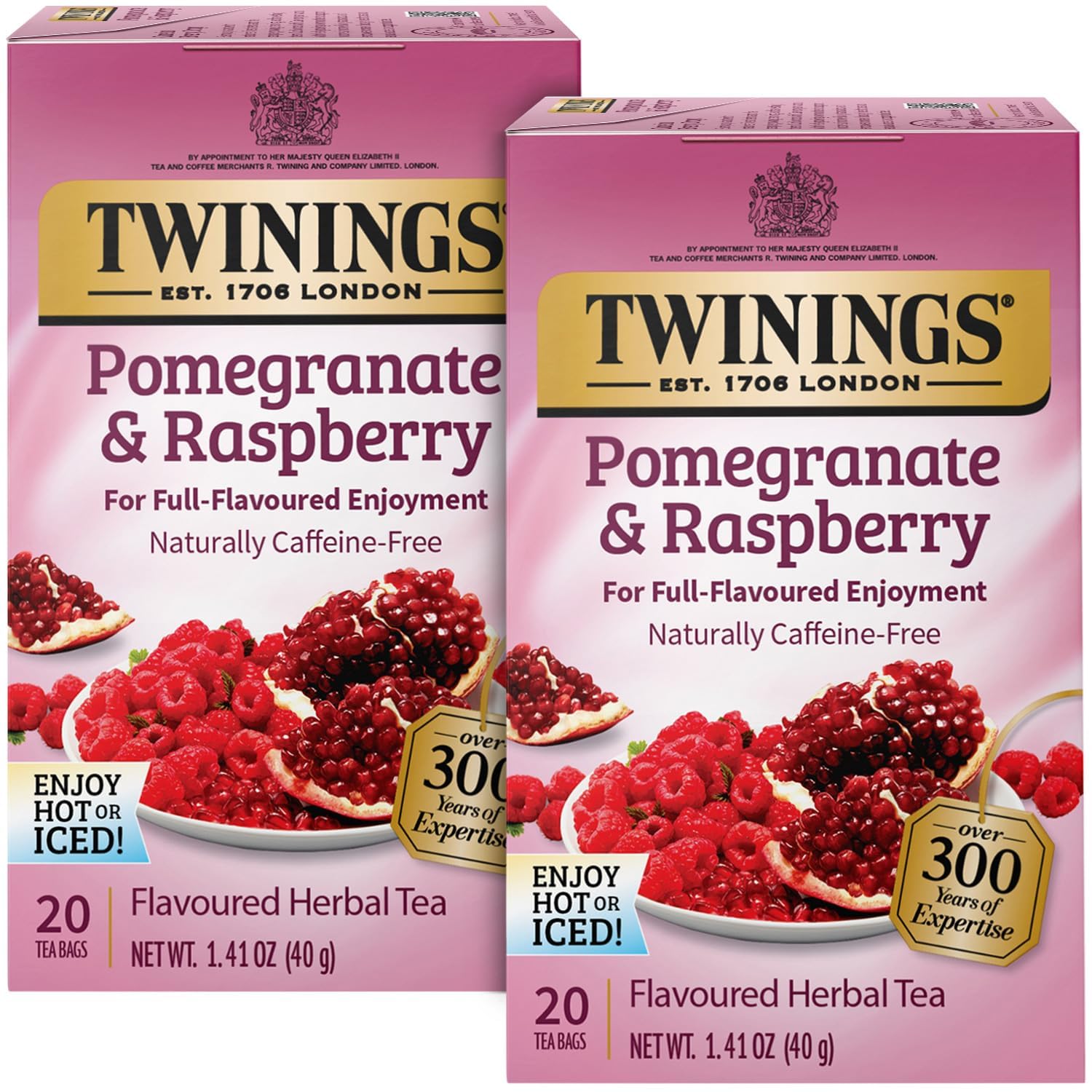 Twinings Pomegranate and Raspberry tea bags in a pack, naturally caffeine-free.