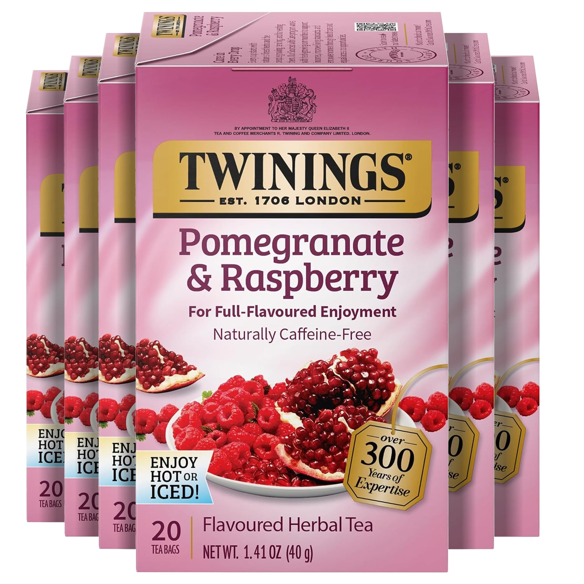 Twinings Pomegranate & Raspberry tea bags offer convenient on-the-go brewing.