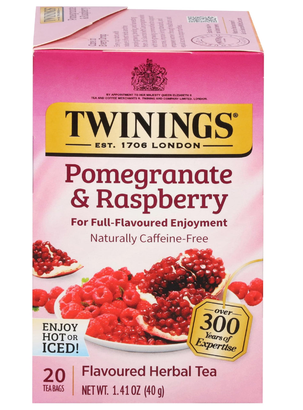 Twinings Pomegranate & Raspberry herbal tea bags sealed for freshness and on-the-go brewing.
