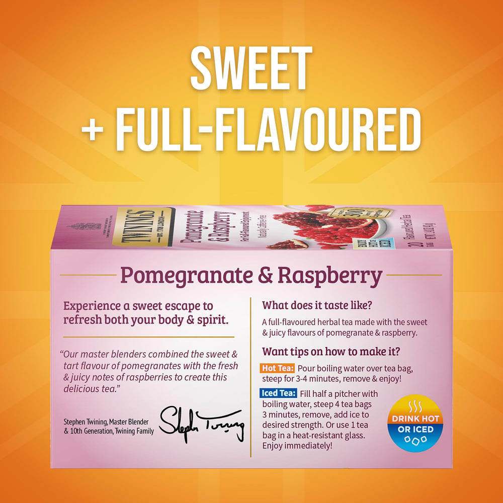 Box front of Twinings Pomegranate & Raspberry highlights caffeine-free herbal blend.