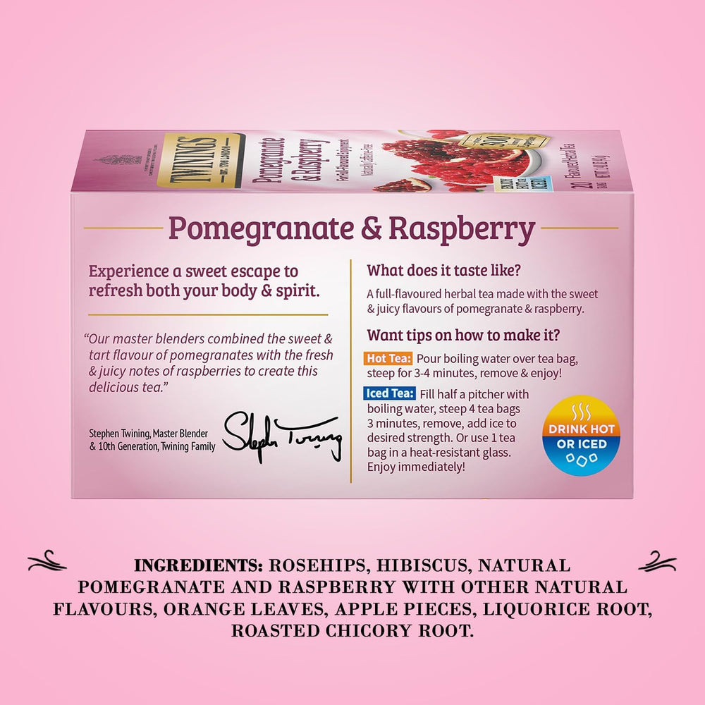 A warm cup of Twinings Pomegranate and Raspberry tea ready to sip.
