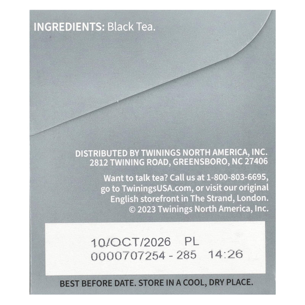 Twinings Prince of Wales tea bag closeup highlights premium leaves for a smooth, mellow cup.