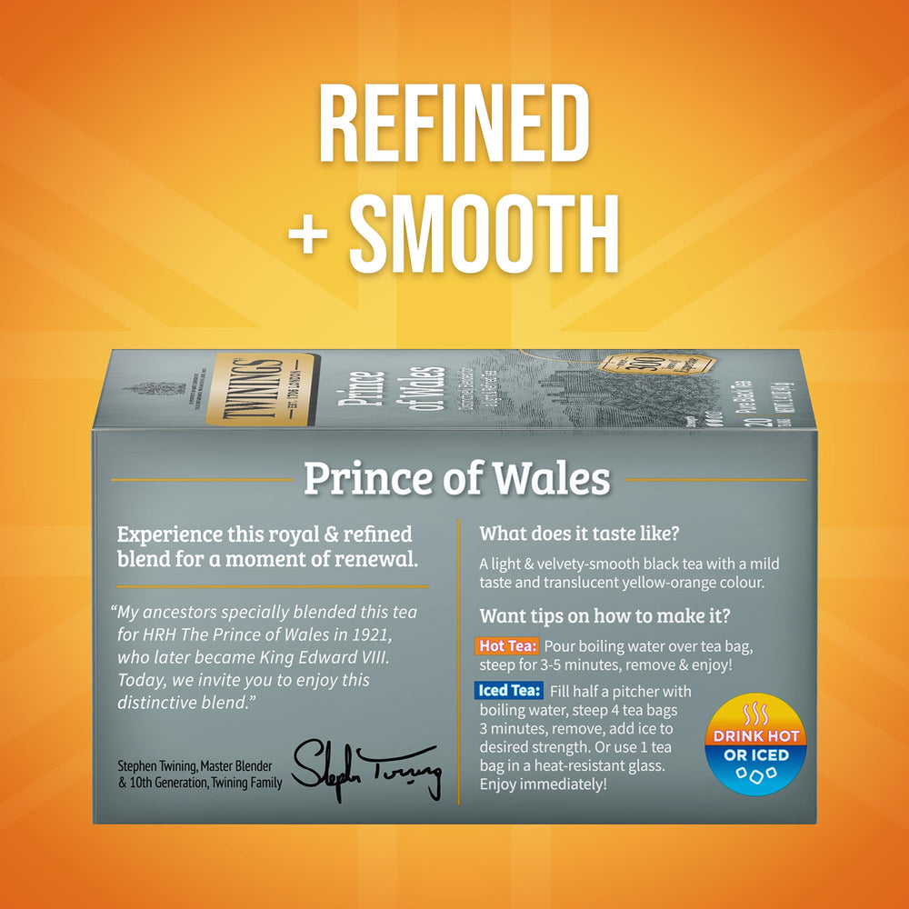 Close-up of Twinings Prince of Wales tea bags emphasizing freshness and packaging
