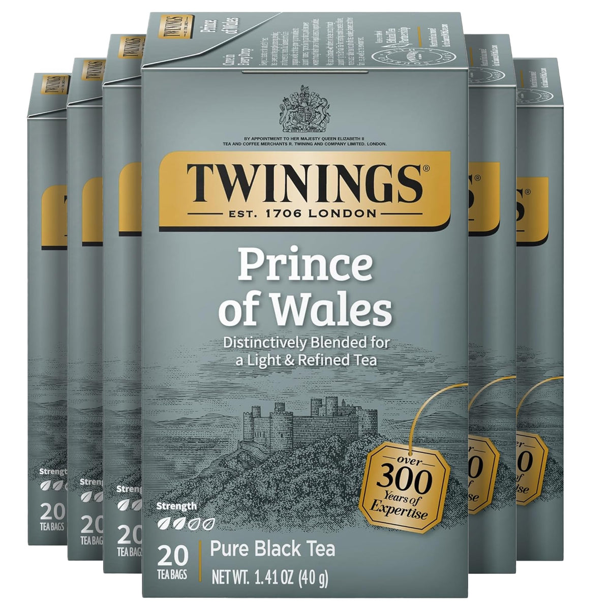 Twinings Prince of Wales tea box front view, premium packaging.
