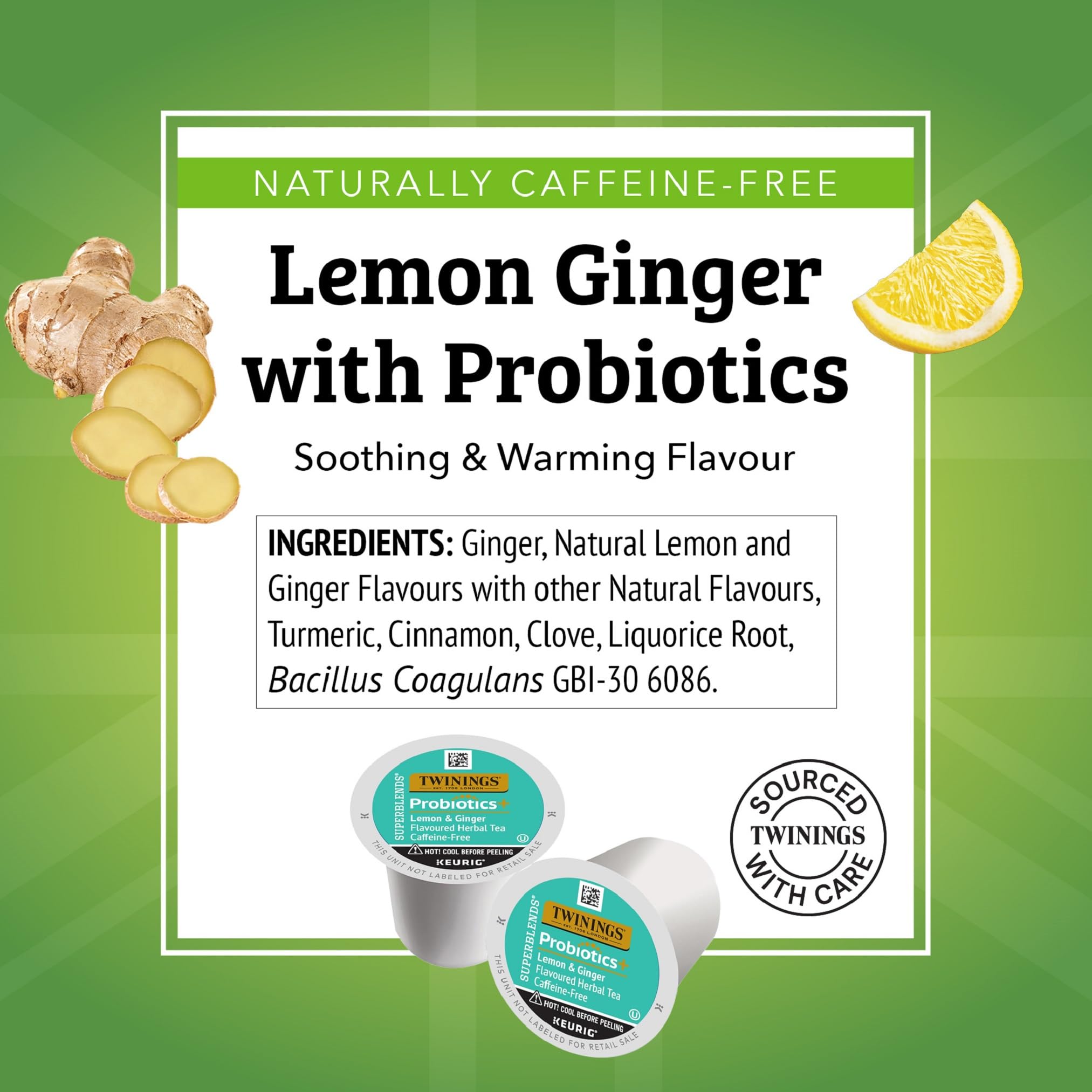 Twinings Probiotics+ Lemon & Ginger tea box front, ready in seconds