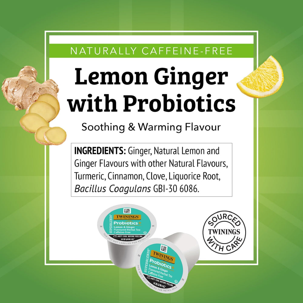 Twinings Probiotics+ Lemon & Ginger tea box front, ready in seconds
