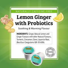Twinings Probiotics+ Lemon & Ginger tea box front, ready in seconds