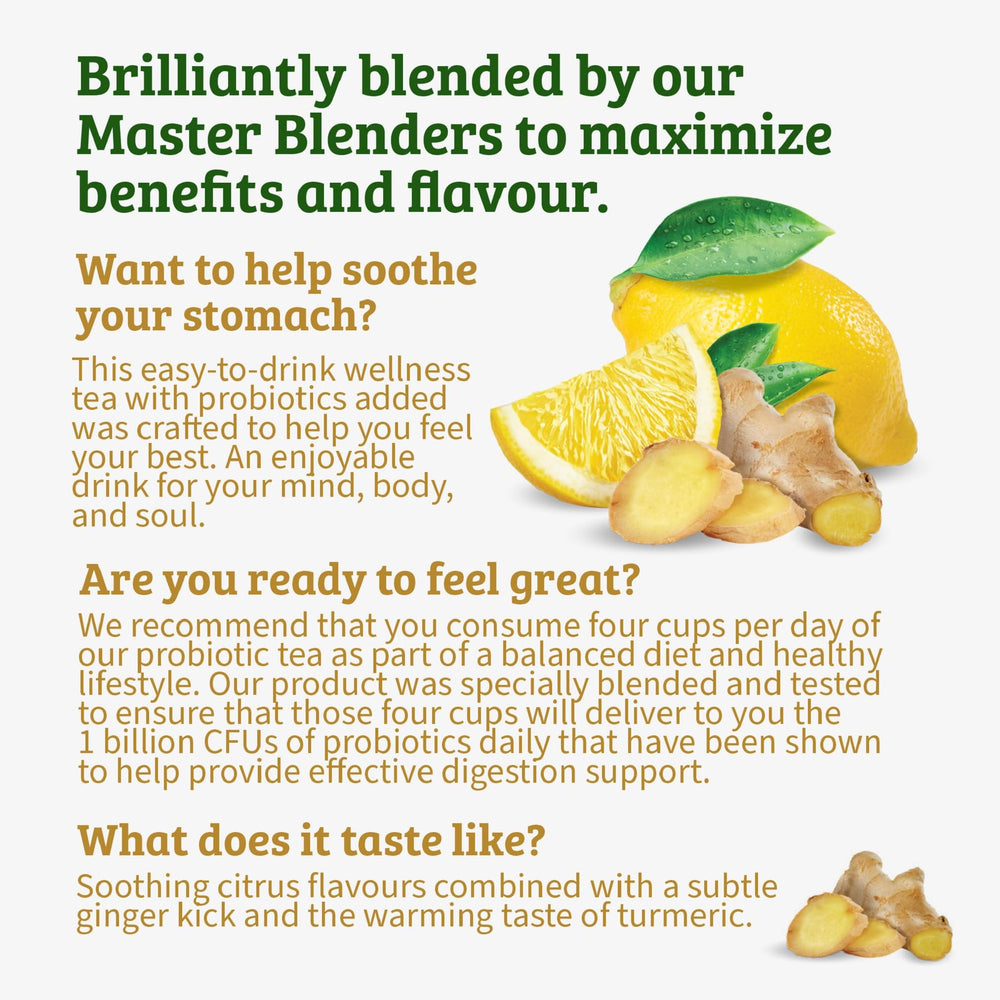Twinings Probiotics+ label close-up highlights natural ingredients and sustainable sourcing