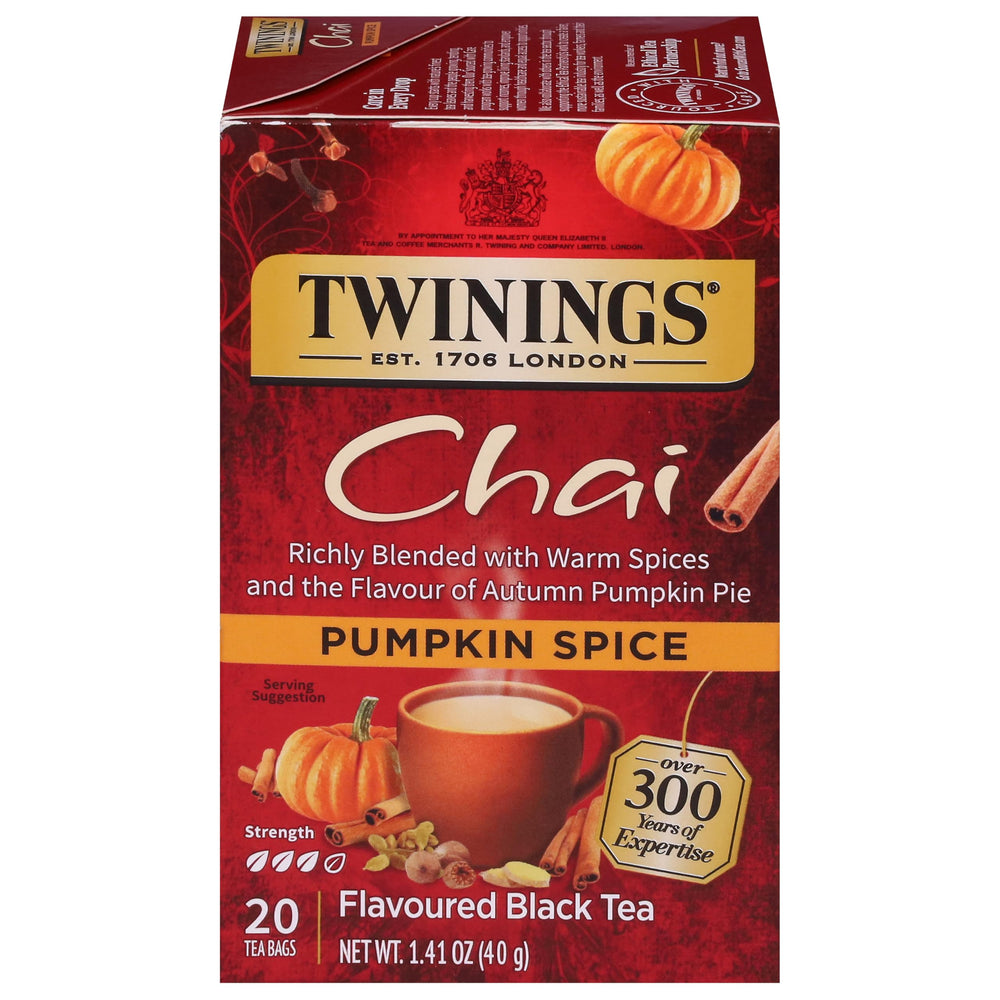 Twinings Pumpkin Spice Chai tea bags in packaging, ready for a quick brew.