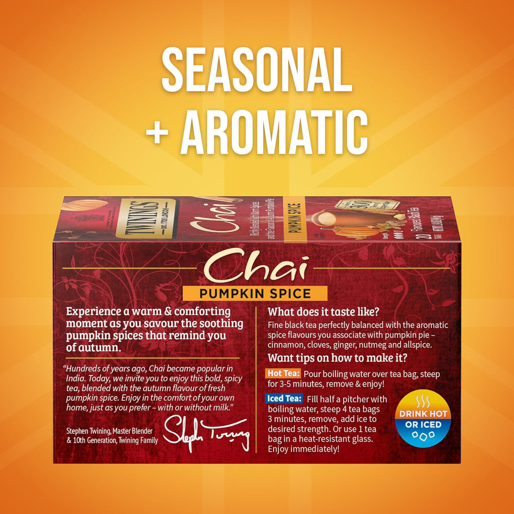 Twinings Pumpkin Spice Chai tea cup steaming, warming autumn mood.